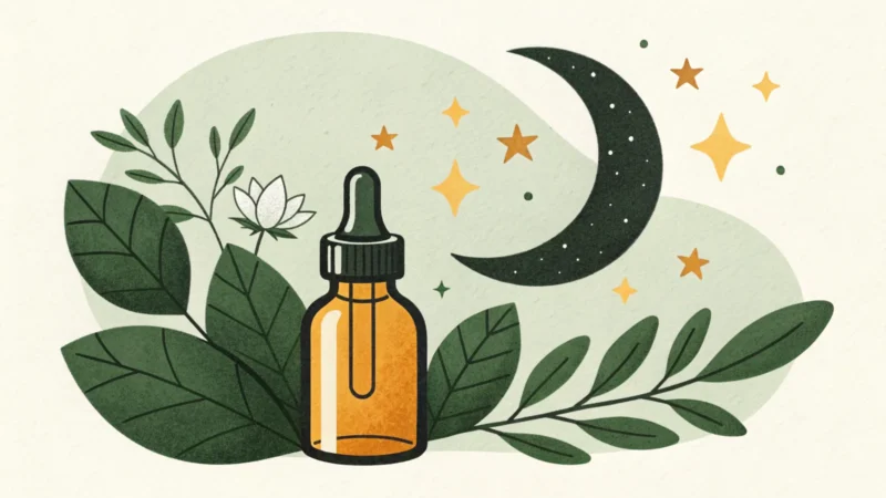 Ilustracja: butelka serum na tle księżyca i gwiazd, wieczorna pielęgnacja z retinolem