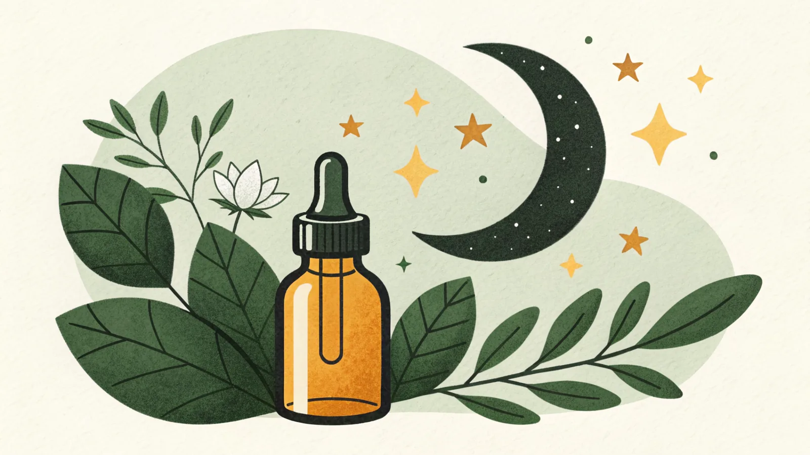 Ilustracja: butelka serum na tle księżyca i gwiazd, wieczorna pielęgnacja z retinolem